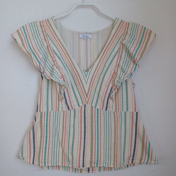 Parker Top Halsey Stripe V Neck Cotton Side Zip Pullover Womens Large - Picture 2 of 13